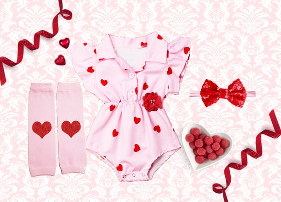 Valentine's Day Baby Girl Outfit: Red Heart Romper, leg warmers - Main Image