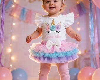 Unicorn Birthday Outfit: Tutu Bloomer Set, Flutter Sleeve Leotard