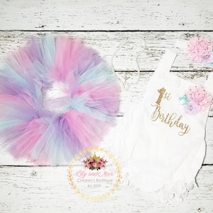 1st Birthday girl Outfit, pink aqua lavender birthday tutu, 1st birthday Romper, pastel birthday set, 1st birthday unicorn smash cake outfit image 7