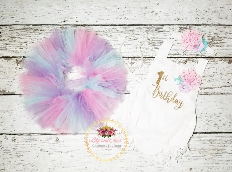 1st Birthday girl Outfit, pink aqua lavender birthday tutu, 1st birthday Romper, pastel birthday set, 1st birthday unicorn smash cake outfit image 7