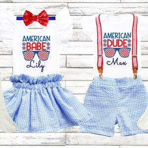 4th of July outfit, 4th of July twins seersucker outfit, 1st fourth girls boys outfit, 1st 4th of July girl outfit,patriotic birthday outfit