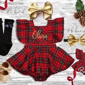 Plaid Christmas girls Outfit, Christmas girl romper, Personalized ruffled red buffalo plaid romper smash cake outfit, red gold plaid romper