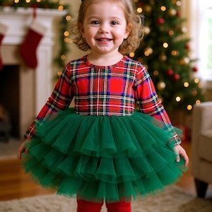 Christmas Tartan Plaid Tutu Dress: Green Fluffy Holiday Outfit