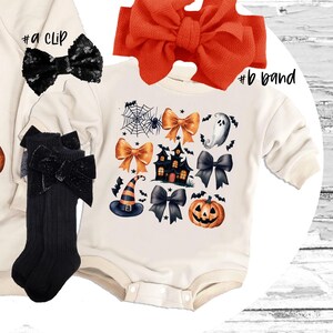 May include: A white long-sleeved onesie with a Halloween theme. The onesie features a black and orange pumpkin, a witch's hat, a haunted house, and bats. The onesie is paired with a black and white bow clip and a black and white leg warmer. The onesie is also paired with a bright orange headband with a bow.