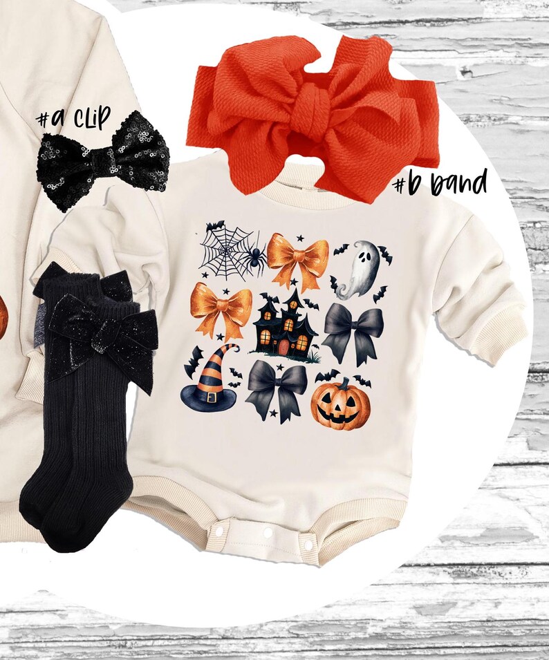 May include: A white long-sleeved onesie with a Halloween theme. The onesie features a black and orange pumpkin, a witch's hat, a haunted house, and bats. The onesie is paired with a black and white bow clip and a black and white leg warmer. The onesie is also paired with a bright orange headband with a bow.