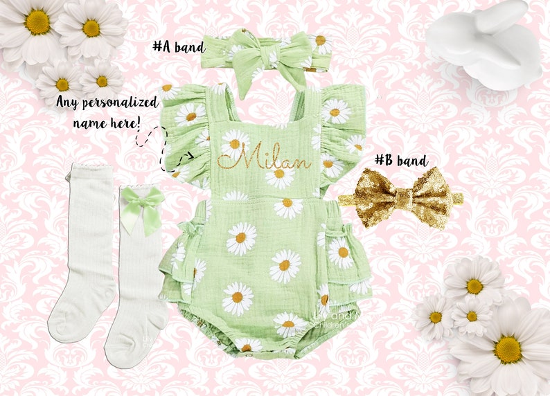1st birthday baby girl outfit Personalized baby girl romper Summer boho daisy girl romper Outfit Monogrammed romper green romper girls