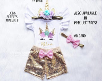 Unicorn Birthday Outfit with Gold Sequin Shorts and Personalized Leotard