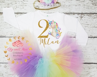 Unicorn Birthday Outfit, Unicorn headband, Unicorn rainbow tutu set,Rainbow unicorn second birthday outfit set,Rainbow Unicorn Girls Costume