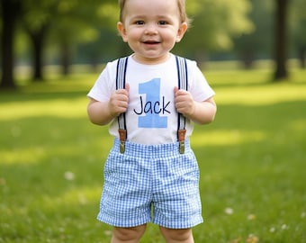 1st Birthday Boy Outfit: Seersucker Shorts, Bodysuit & Suspenders