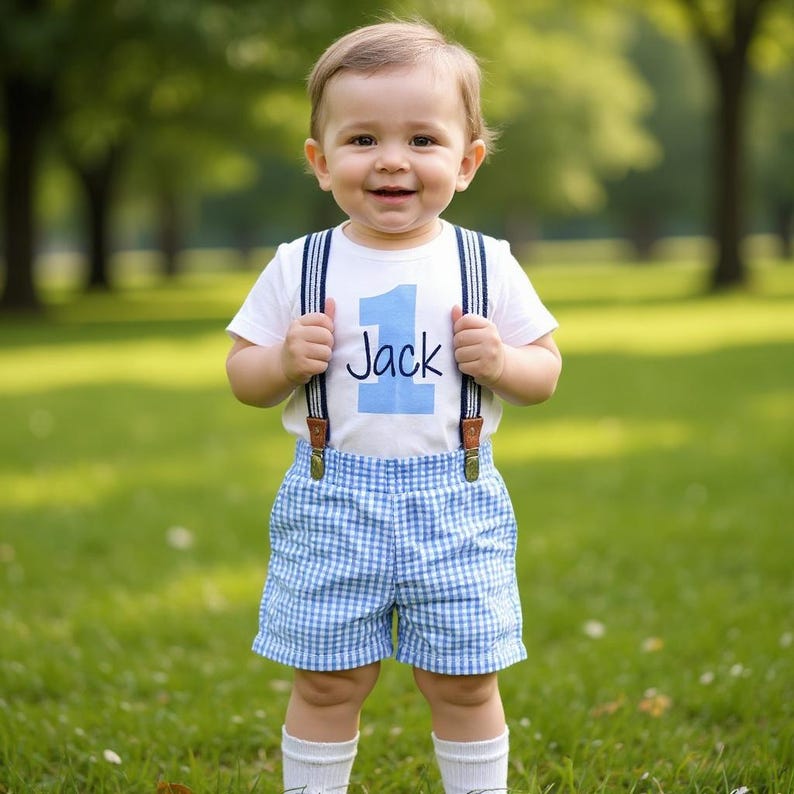 1st Birthday Boy Outfit: Seersucker Shorts, Bodysuit & Suspenders image 1