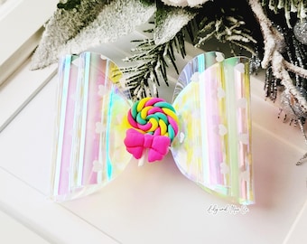 Lollipop Bow Clip, Iridescent Rainbow Hair Accessory, 3.5–4 Inch Alligator Attachment