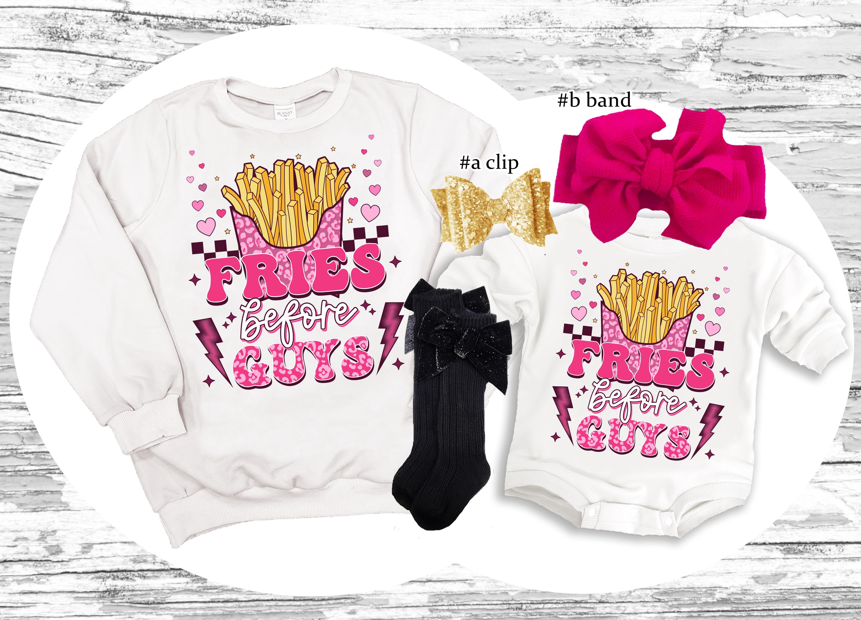 Fries Before Guys Baby tee Outfit, Valentine's Day Sweatshirt bubble romper