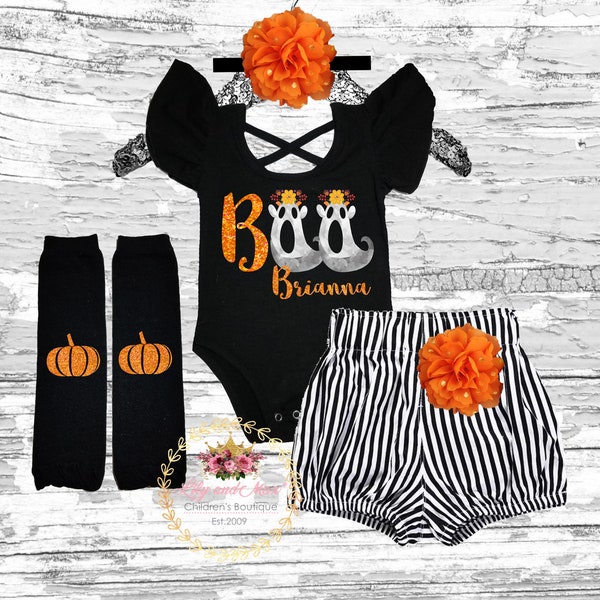 1st Halloween baby girls outfit, Halloween girls outfit, Halloween girls costume, Halloween girls smash cake outfit, BOO flutter sleeve leo