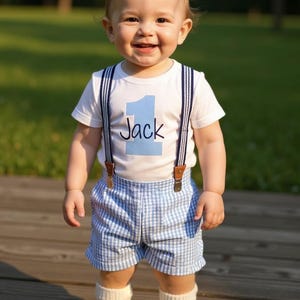1st Birthday Boy Outfit: Seersucker Shorts, Bodysuit & Suspenders image 5