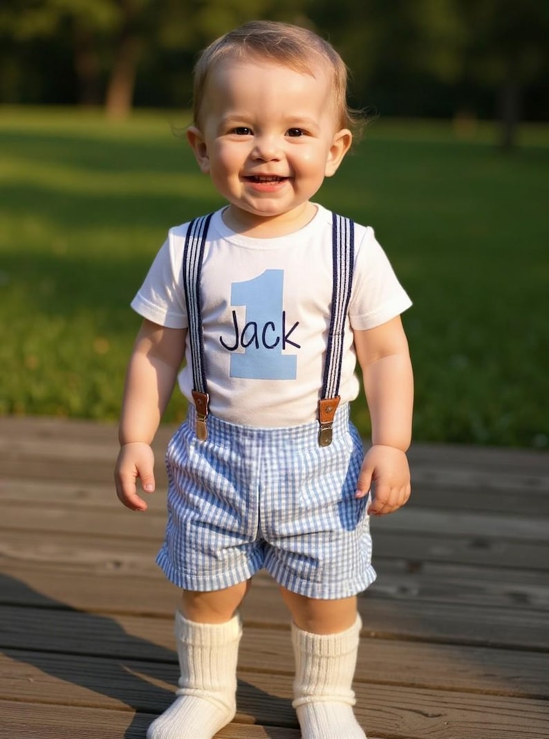 1st Birthday Boy Outfit: Seersucker Shorts, Bodysuit & Suspenders image 5