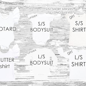May include: Six white blank apparel items, including a leotard, bodysuit, and shirt, with short and long sleeves. The text "S/S = SHORT SLEEVES" and "L/S = LONG SLEEVES" is displayed at the top of the image.