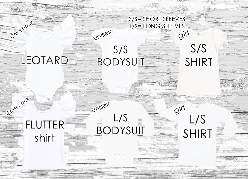 May include: Six white blank apparel items, including a leotard, bodysuit, and shirt, with short and long sleeves. The text "S/S = SHORT SLEEVES" and "L/S = LONG SLEEVES" is displayed at the top of the image.