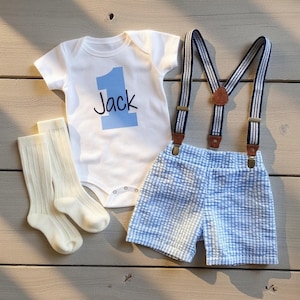 1st Birthday Boy Outfit: Seersucker Shorts, Bodysuit & Suspenders image 3