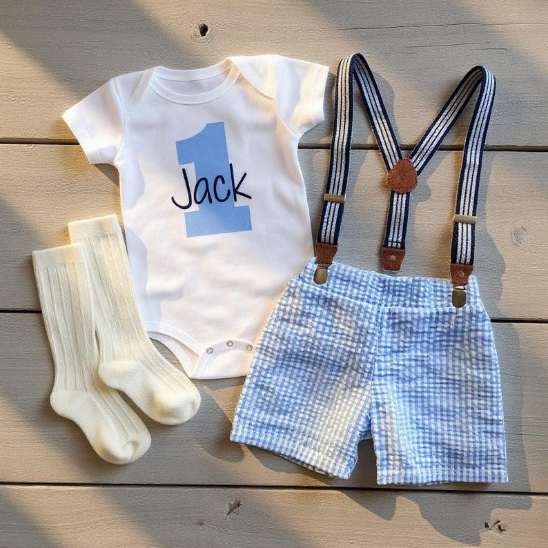 1st Birthday Boy Outfit: Seersucker Shorts, Bodysuit & Suspenders image 3