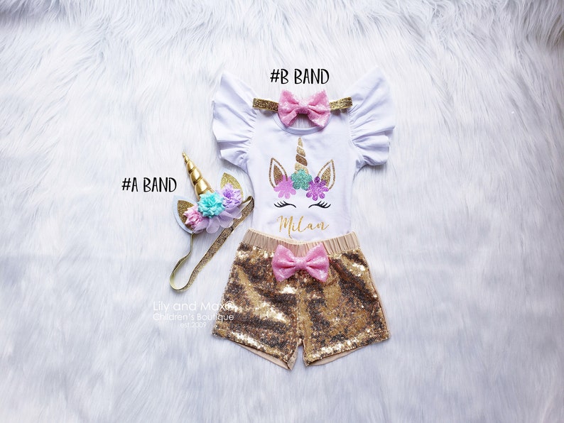 Unicorn Birthday Outfit, Unicorn headband,Unicorn rainbow tutu set,FLUTTER leotard unicorn birthday SHORT set,Rainbow Unicorn Girls Costume image 5