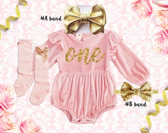 1St Birthday Romper, Pink Velvet Outfit with Gold Glitter