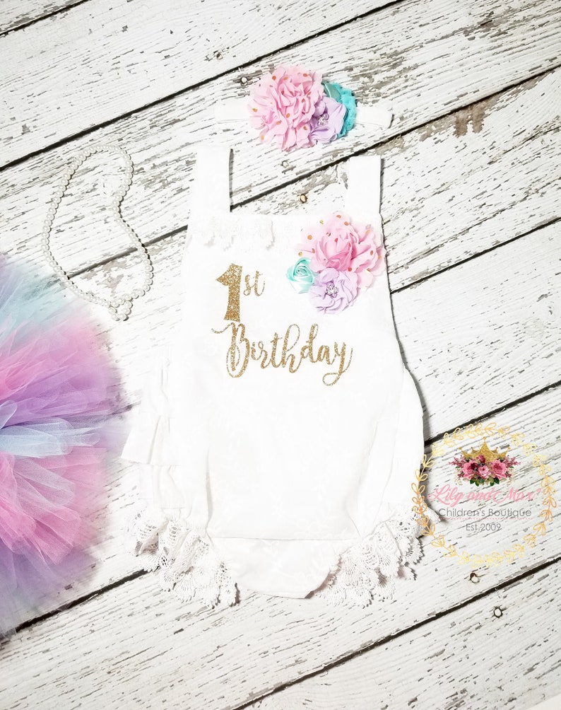 1st Birthday girl Outfit, pink aqua lavender birthday tutu, 1st birthday Romper, pastel birthday set, 1st birthday unicorn smash cake outfit image 6