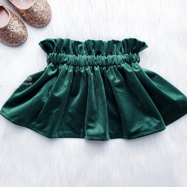Green velvet girls skirt, Christmas girls velvet skirt, Fall velvet baby skirt, green velvet skirt, Christmas paper bag waist skirt