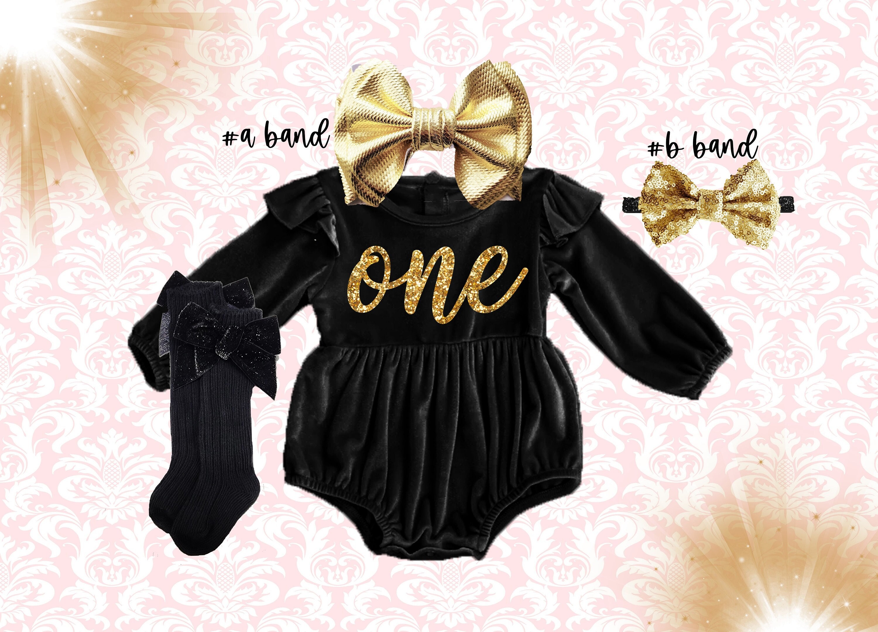 1st Birthday Velvet Romper: Black and Gold Outfit with Bow