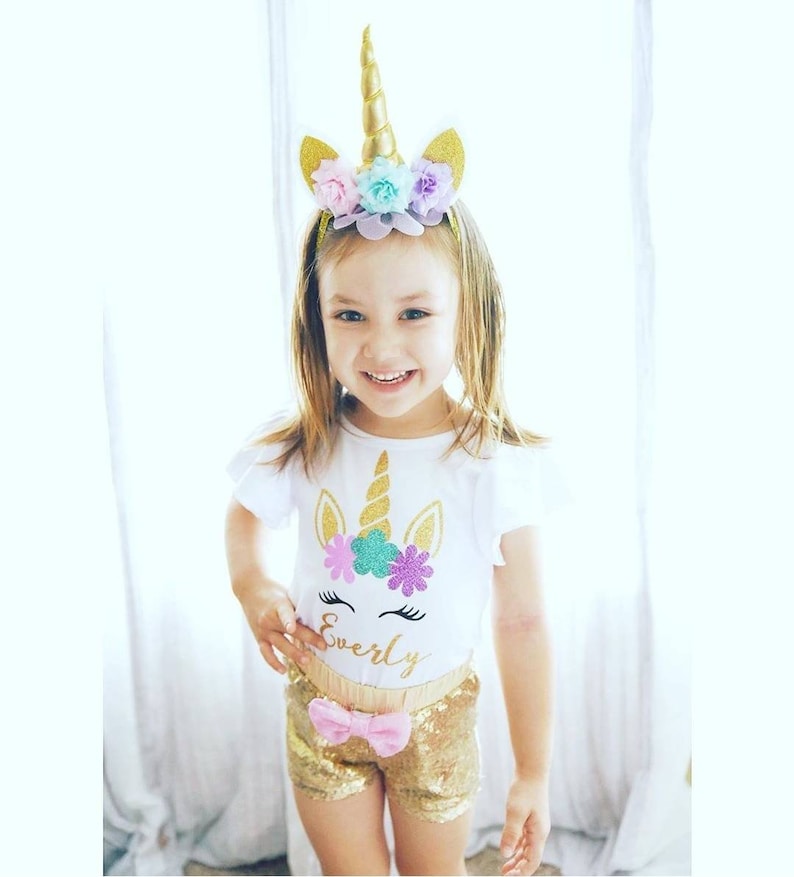 Unicorn Birthday Outfit, Unicorn headband,Unicorn rainbow tutu set,FLUTTER leotard unicorn birthday SHORT set,Rainbow Unicorn Girls Costume image 7