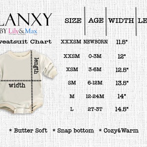 May include: Size chart for a baby onesie with a snap bottom. The chart shows the size, age, width in inches, and length in inches for each size. The sizes are XXXSM, XXSM, XSM, SM, M, and L.