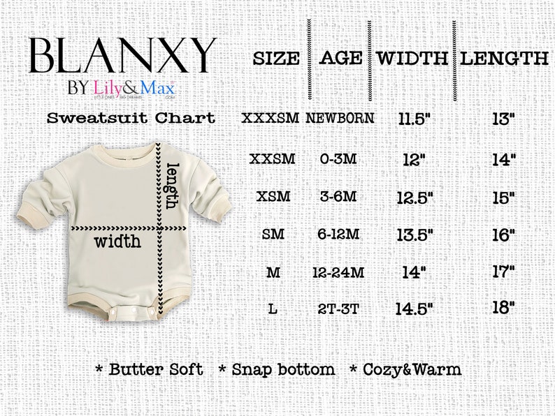 May include: Size chart for a baby onesie with a snap bottom. The chart shows the size, age, width in inches, and length in inches for each size. The sizes are XXXSM, XXSM, XSM, SM, M, and L.