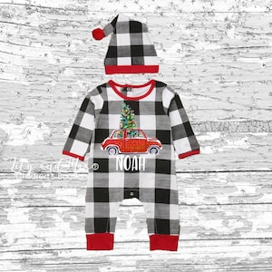 Christmas baby boy outfit, RED CAR with tree personalized boy outfit, red truck with tree boy outfit, Christmas personalized baby boy outfit
