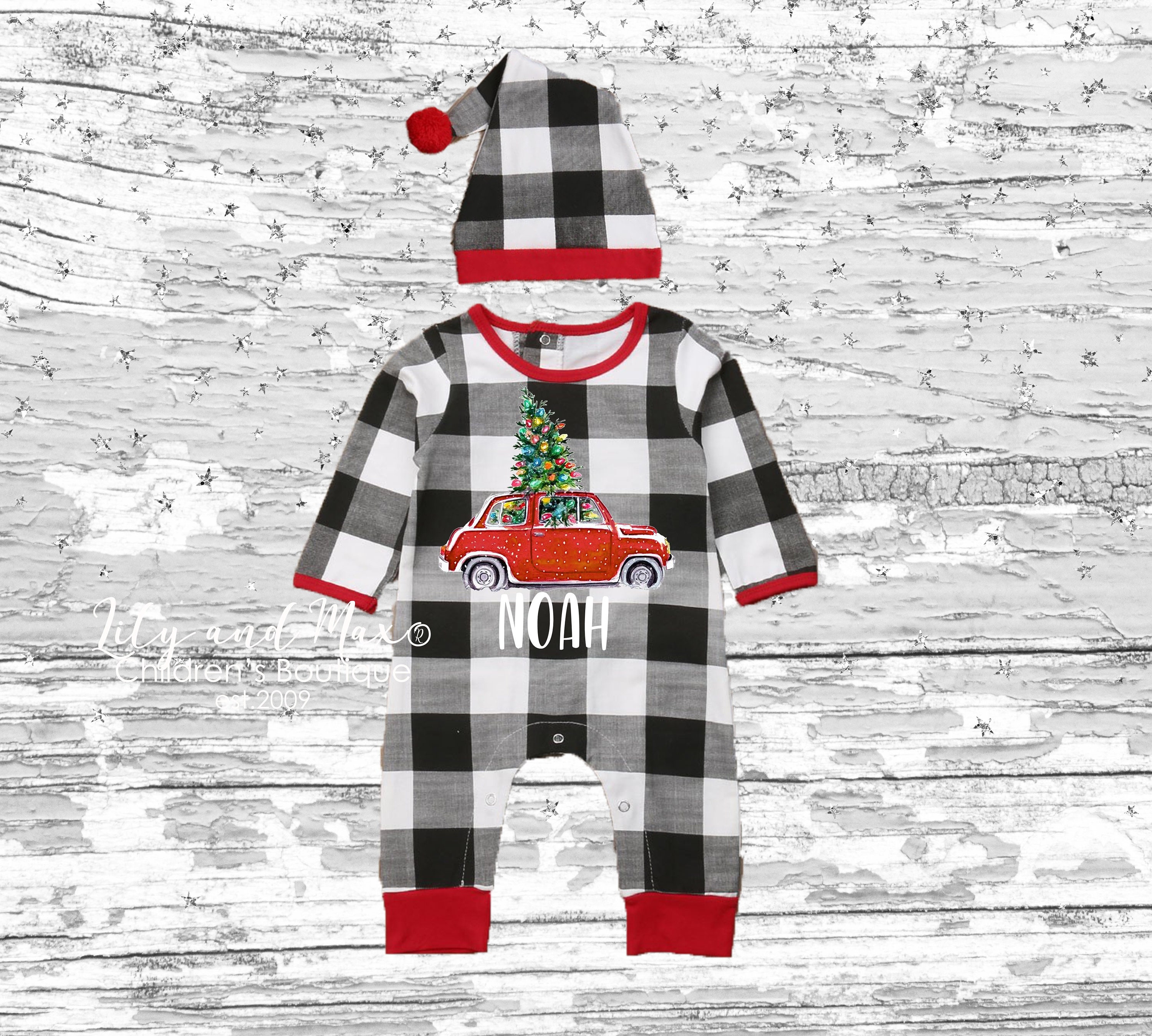 Christmas baby boy outfit, RED CAR with tree personalized boy outfit, red truck with tree boy outfit, Christmas personalized baby boy outfit