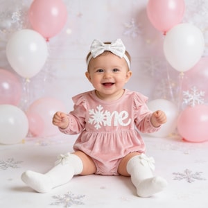 1st Birthday Romper Set: Pink Velvet Snowflake Outfit with Headband & Socks
