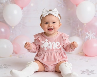 1st Birthday Romper Set: Pink Velvet Snowflake Outfit with Headband & Socks