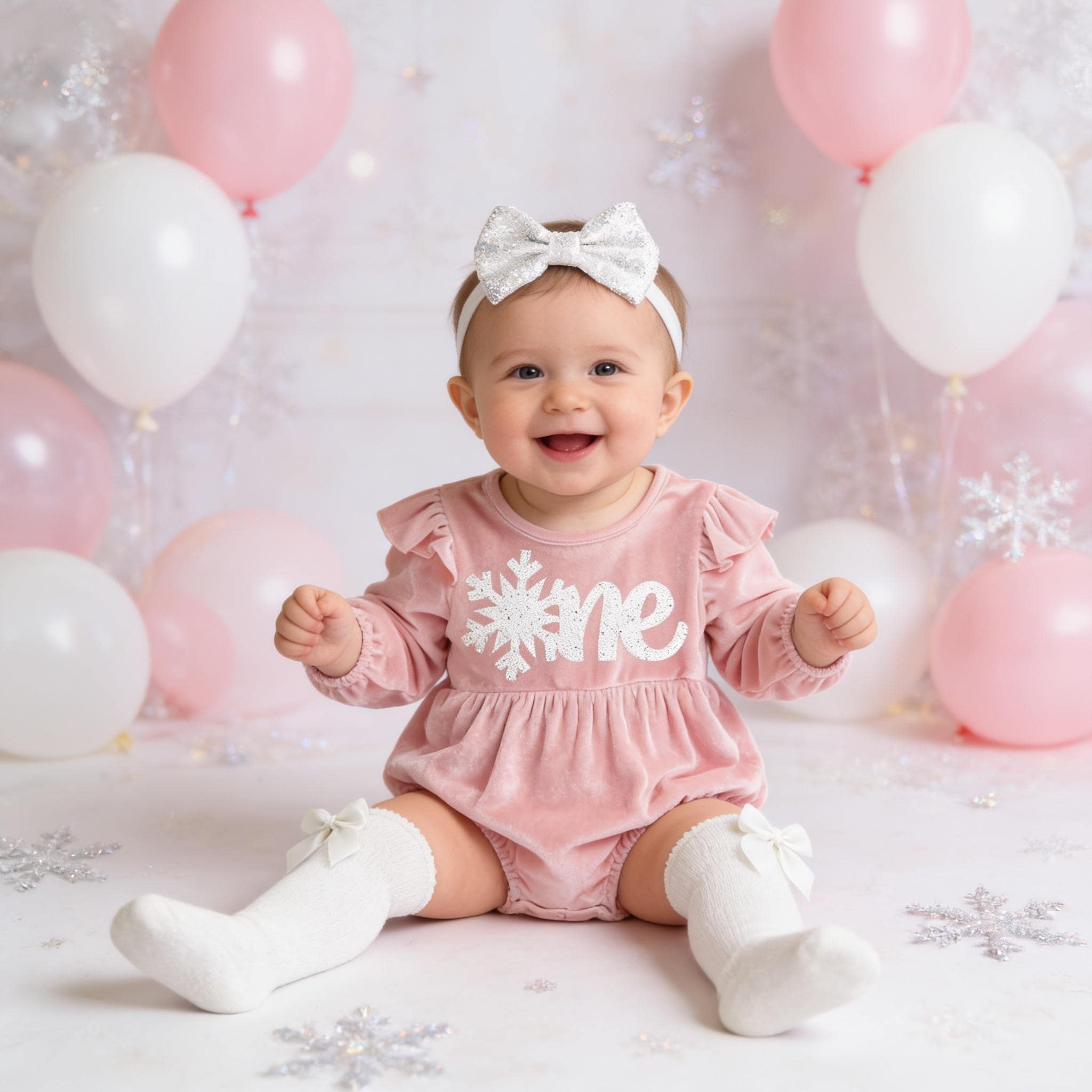 1st Birthday Romper Set: Pink Velvet Snowflake Outfit with Headband & Socks