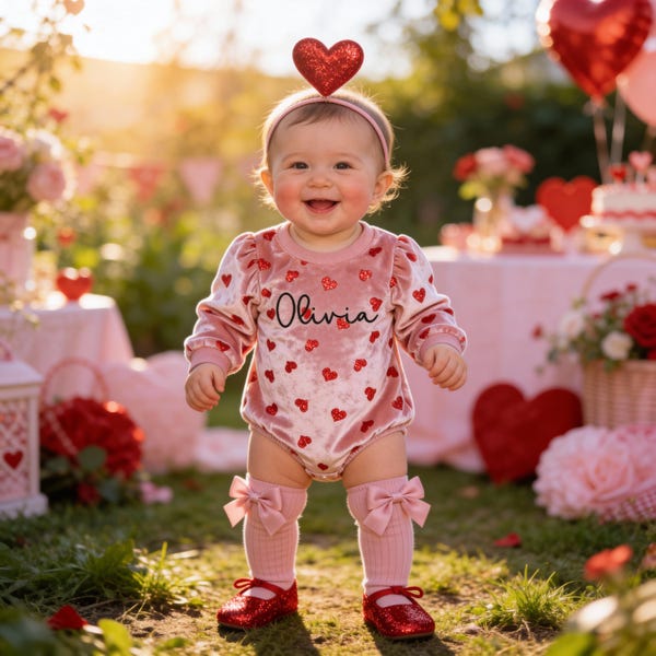 Pelele de terciopelo personalizado para bebé: Conjunto de corazón para San Valentín