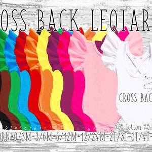 May include: A set of 12 leotards with ruffled sleeves in various colors, including black, green, blue, red, orange, yellow, purple, pink, and white. The leotards have a cross back design and are made of 95% cotton and 5% spandex. The sizes are listed as: Newborn, 0-3M, 3-6M, 6-12M, 12-24M, 2T/3T, 3T/4T, 4T/6Y.