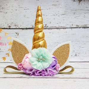 Unicorn headband, pastel colors and gold unicorn headband, unicorn party headband, gold glitter elastic unicorn headband image 5