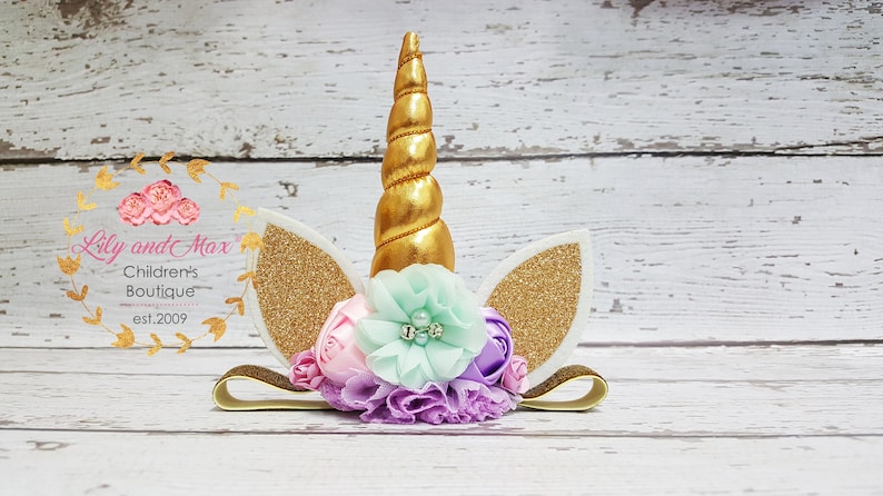 Unicorn headband, pastel colors and gold unicorn headband, unicorn party headband, gold glitter elastic unicorn headband image 5