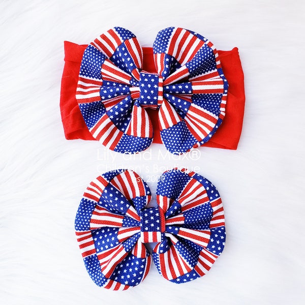 4th of July headwrap, July 4th messy bow nylon girls turban, Patriotic nylon headwrap,July 4th nylon headband, toddler headband, USA flag