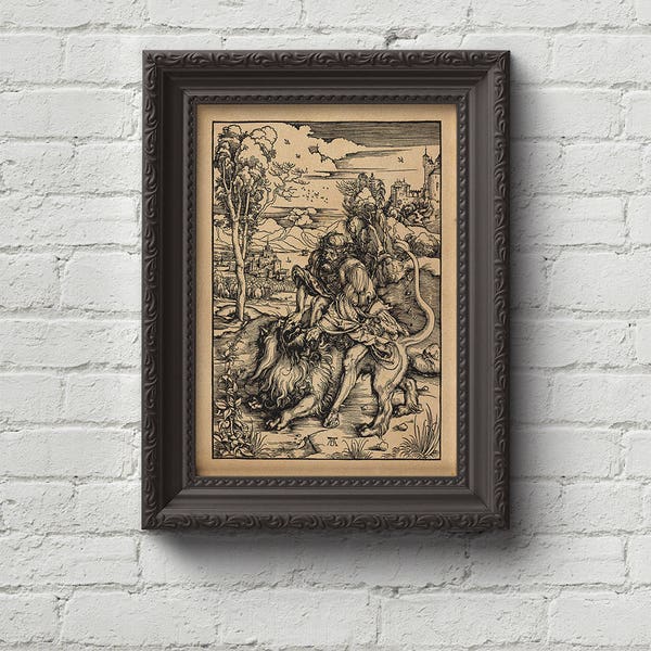 Samson Fighting the Lion - Albrecht Durer Print, Wall Art, Woodcut, Engraving, Religion, Bible Art, Art, Dore, Dürer, Cute Gift