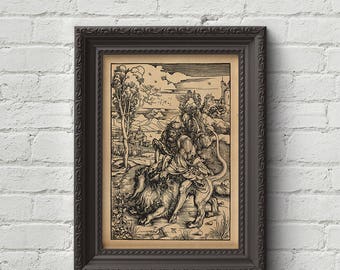 Samson Fighting the Lion - Albrecht Durer Print, Wall Art, Woodcut, Engraving, Religion, Bible Art, Art, Dore, Dürer, Cute Gift