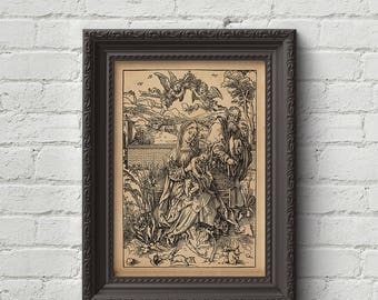 The Holy Family with 3 Hares - Albrecht Durer Print, Wall Art, Woodcut, Engraving, Renaissance, Bible, Gustave Dore, Dürer, Cute Gift