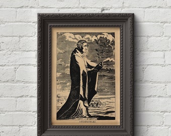 May include: A black and white vintage woodcut print of Aristotle, a Greek philosopher, holding a branch in his right hand. The print is framed in a dark brown ornate frame.
