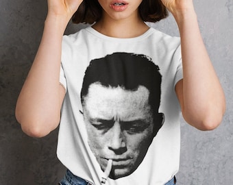 Albert Camus Portrait T-shirt, Tee, Author, Writer, Stranger, Plague, Sartre, Kafka, Nietzsche, Dostoyevsky, Cute Gift