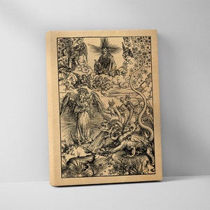 The Woman and the 7 Headed Dragon - The Apocalypse - Albrecht Durer Stretched Canvas Print, Wall Art, Woodcut, Engraving, Dürer, Cute Gift