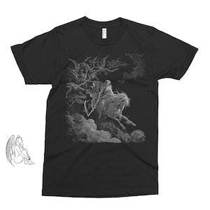May include: Black t-shirt with a white graphic print of a skeletal figure riding a horse with other figures in the background.
