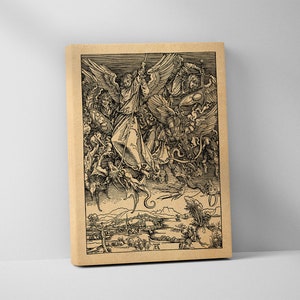 Saint Michael Fighting the Dragon - The Apocalypse - Albrecht Durer Stretched Canvas Print, Wall Art, Woodcut, Engraving, Dürer, Cute Gift