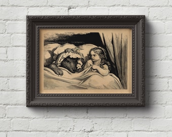 Little Red Riding Hood and the Wolf - Gustave Dore, Art, Woodcut, Engraving, Renaissance, Dore, Wall Art, Art, Cute Gift